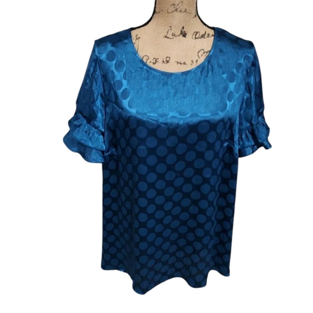 Lane Bryant Teal Blue Polka Dot Satin Jacquard Ruffle Sleeve Blouse Top Size 20
